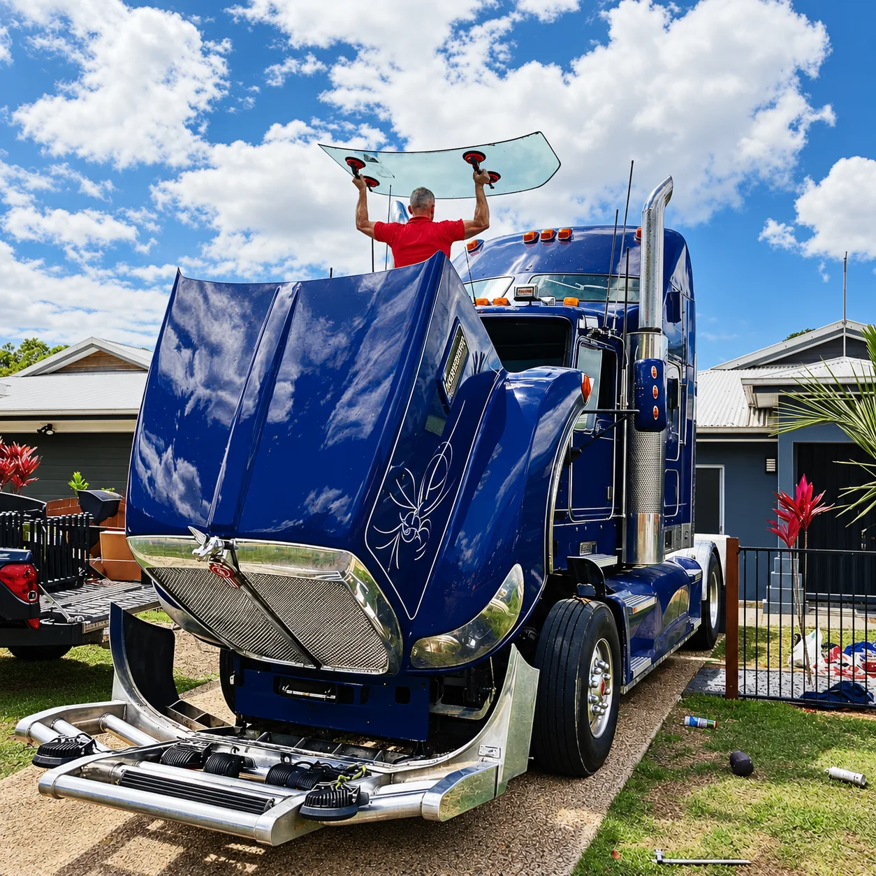 Frank lifting a new windscreen into a truck